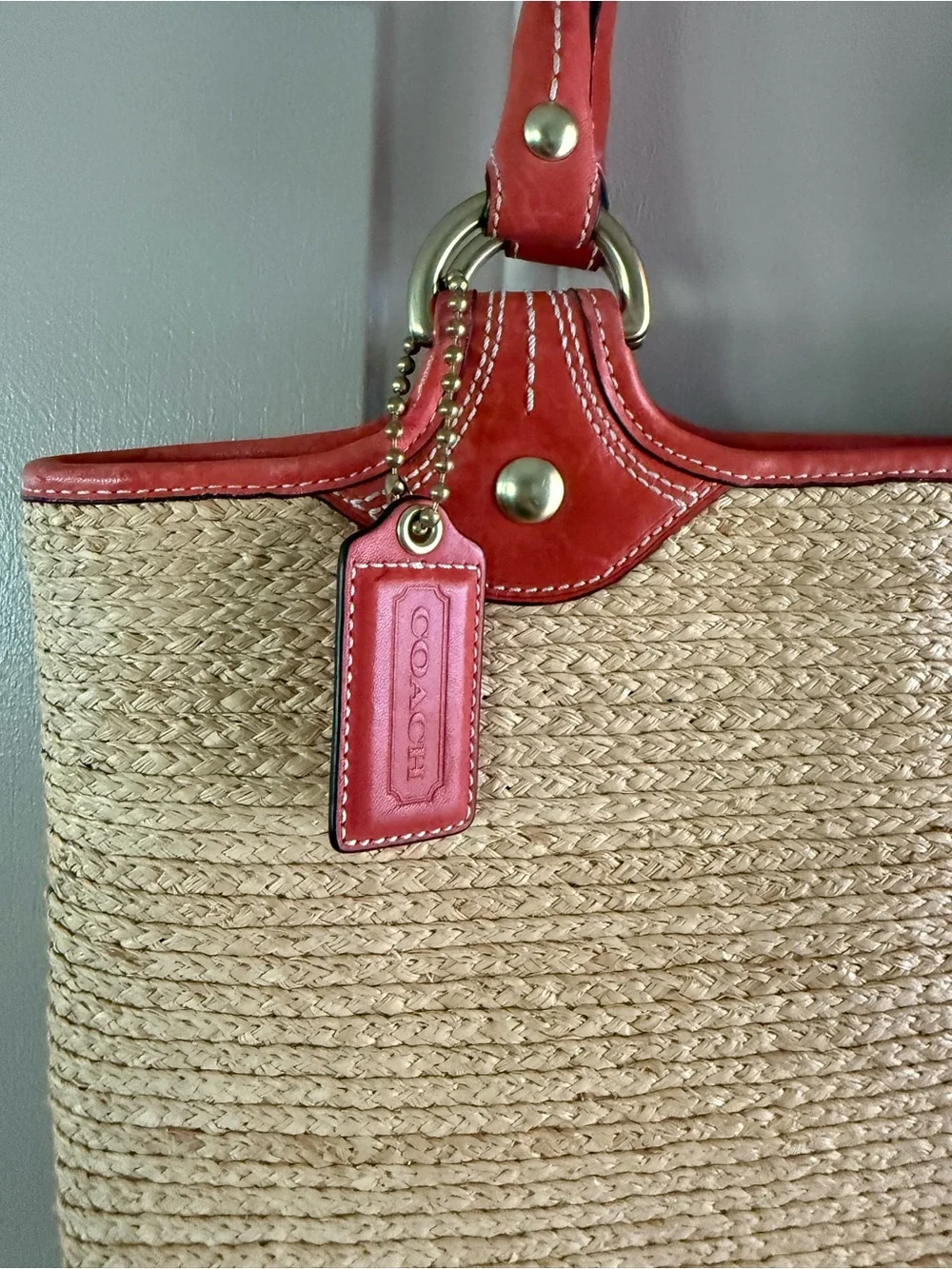 Coach Straw Tote with Red Leather Trim and Floral Applique